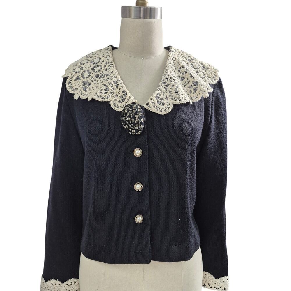Jeffrey & Dara Linda Hutley Black Cardigan Lace Cottage Romantic Whimsie Sz S